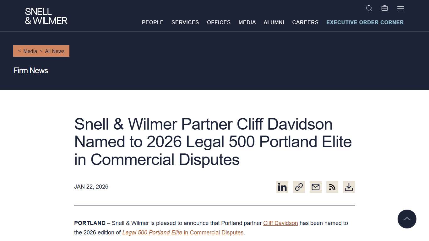Snell & Wilmer Partner Cliff Davidson Named to 2026 Legal 500 Portland Elite in Commercial Disputes - Law Offices of Snell & Wilmer
